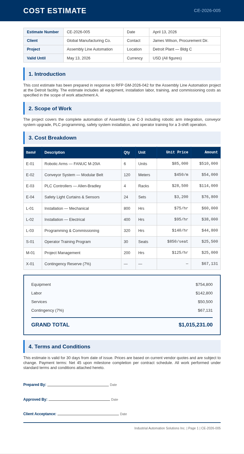 Corporate standard cost estimate